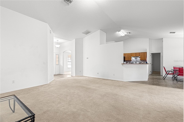 carpeted living room with high vaulted ceiling and a textured ceiling