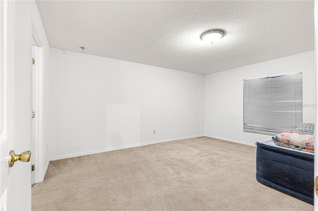 interior space with light colored carpet and a textured ceiling