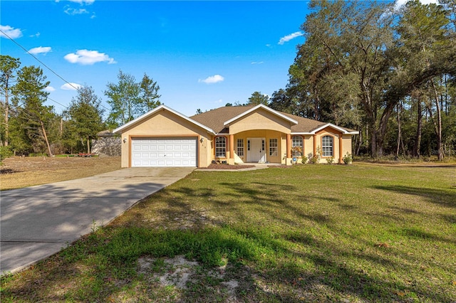 single story home with a garage and a front yard