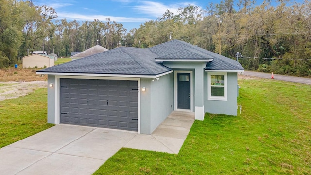 single story home with a garage, roof with shingles, a front yard, and stucco siding