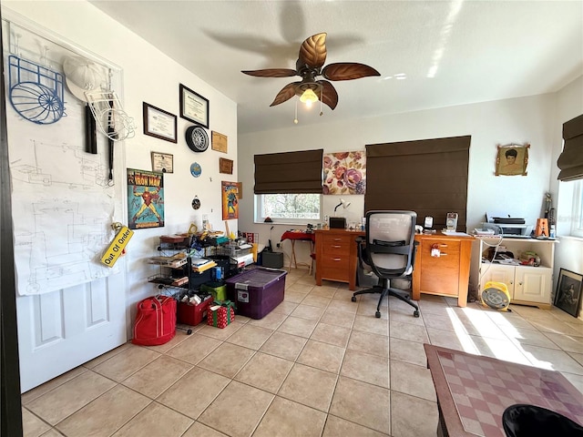 office area featuring light tile patterned floors and ceiling fan