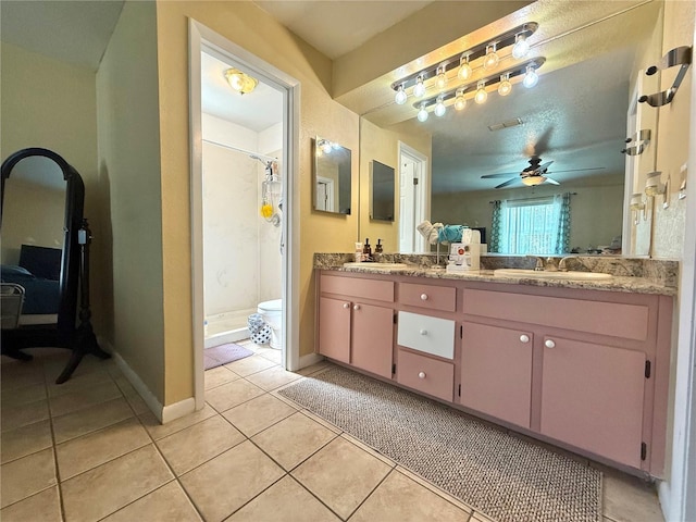 bathroom with vanity, walk in shower, ceiling fan, toilet, and tile patterned floors