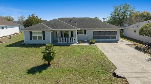 ranch-style home with a garage, a shingled roof, concrete driveway, covered porch, and a front lawn