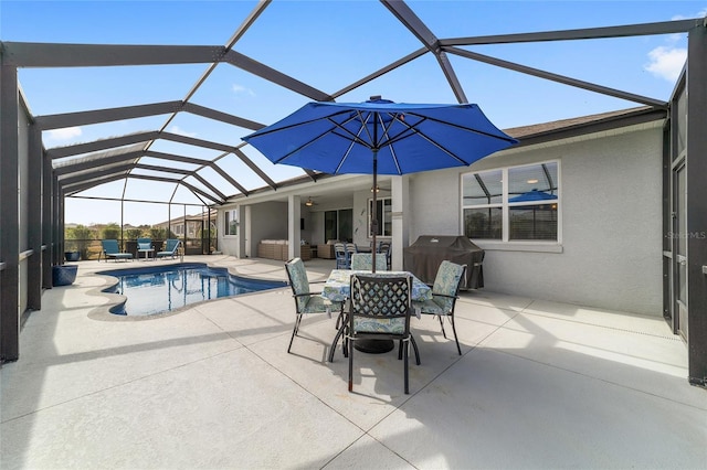 view of swimming pool featuring a grill, a lanai, an outdoor hangout area, and a patio area