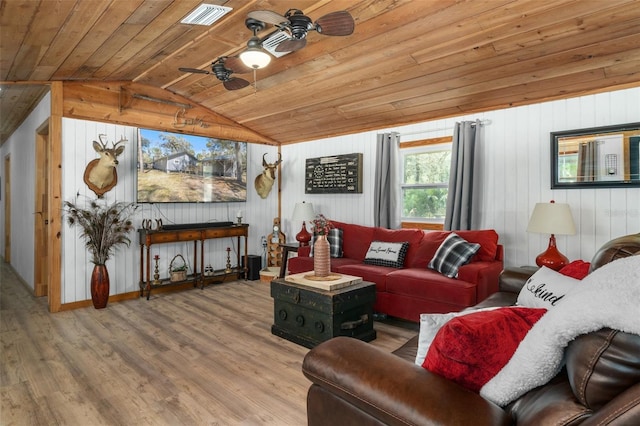 living room featuring hardwood / wood-style flooring, ceiling fan, vaulted ceiling, and wooden ceiling