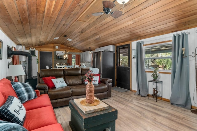 living room with wood ceiling, ceiling fan, vaulted ceiling, and light wood-type flooring