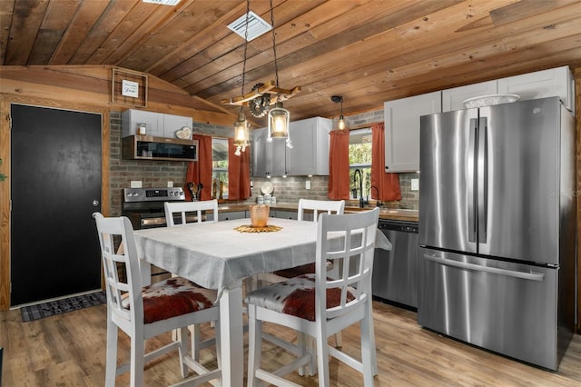 dining room featuring lofted ceiling, wood ceiling, and light hardwood / wood-style flooring