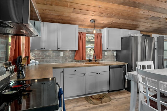 kitchen with appliances with stainless steel finishes, pendant lighting, butcher block countertops, white cabinetry, and sink