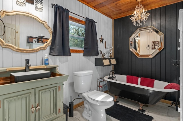 bathroom with toilet, sink, wood ceiling, a chandelier, and a washtub