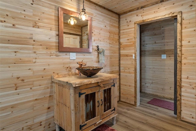 bathroom with sink, hardwood / wood-style flooring, and wood walls