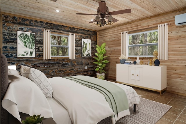 bedroom with wood walls, wood ceiling, an AC wall unit, ceiling fan, and tile patterned flooring