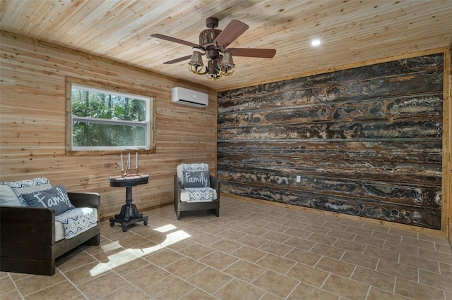 living area with wood ceiling, ceiling fan, tile patterned floors, and a wall mounted AC