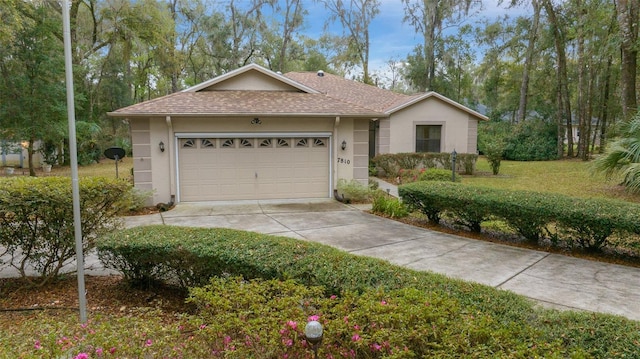 ranch-style house with stucco siding, a front lawn, driveway, roof with shingles, and an attached garage