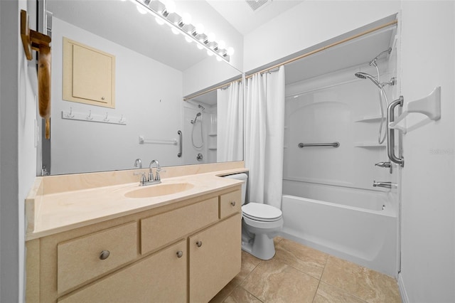 bathroom featuring vanity, shower / tub combo, toilet, and visible vents