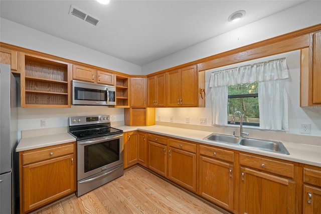 kitchen with visible vents, open shelves, a sink, light countertops, and appliances with stainless steel finishes