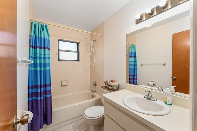 full bath with tile patterned flooring, toilet, vanity, and shower / bathtub combination with curtain