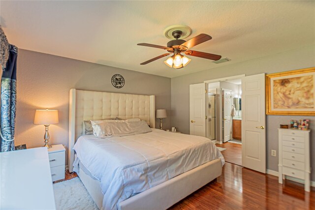 bedroom with ceiling fan and wood-type flooring