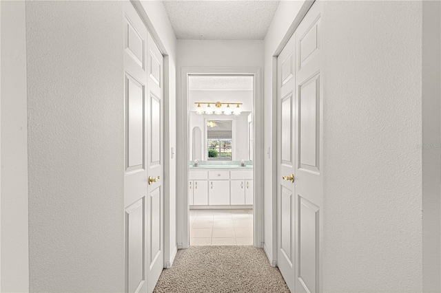 hall featuring light colored carpet, a textured ceiling, and a textured wall