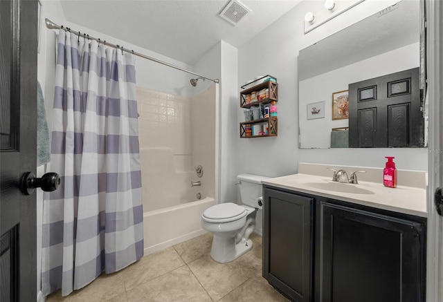 bathroom with shower / tub combo, visible vents, toilet, tile patterned floors, and vanity