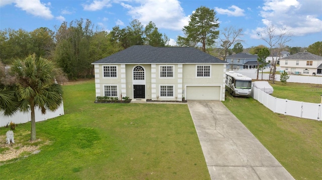 view of front of home featuring a garage, driveway, a shingled roof, a front lawn, and stucco siding