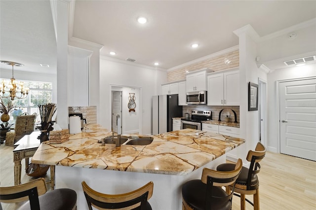 kitchen featuring a peninsula, a kitchen bar, stainless steel appliances, and a sink