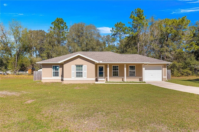 single story home featuring a front yard and a garage