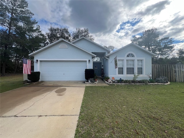 single story home with stucco siding, concrete driveway, fence, a garage, and a front lawn