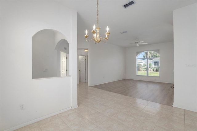 unfurnished room with visible vents, ceiling fan, baseboards, and light tile patterned floors