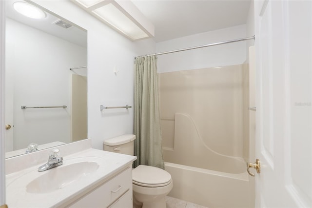 full bathroom featuring visible vents, toilet, shower / bath combo with shower curtain, vanity, and tile patterned floors