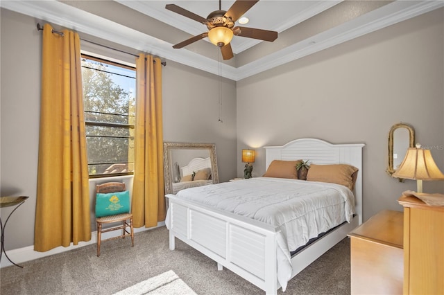 bedroom with ceiling fan, ornamental molding, and carpet