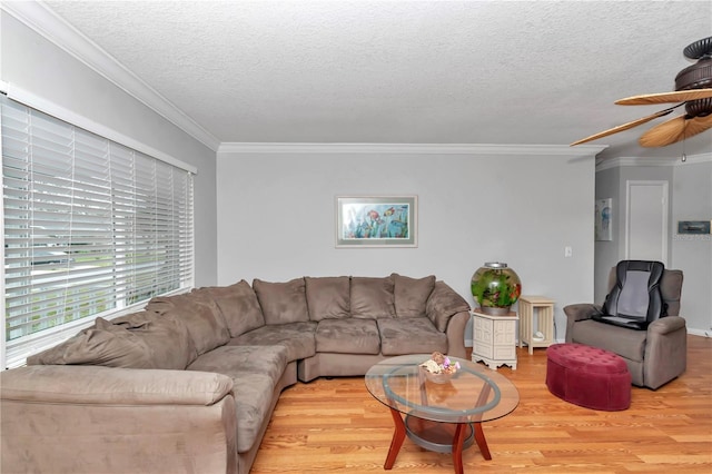 living area featuring a ceiling fan, a textured ceiling, ornamental molding, and wood finished floors