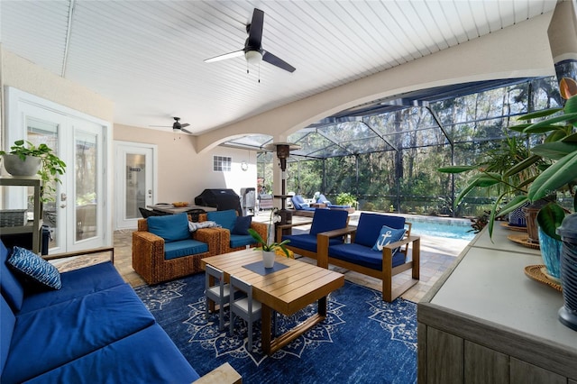 view of patio / terrace with an outdoor hangout area, glass enclosure, ceiling fan, a grill, and an outdoor pool