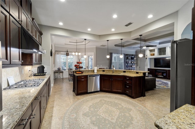 kitchen featuring recessed lighting, a sink, stainless steel appliances, coffered ceiling, and dark brown cabinets