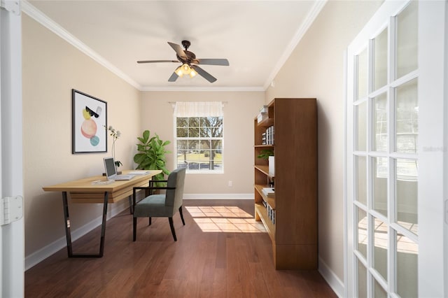 office with ornamental molding, ceiling fan, dark wood-type flooring, and baseboards