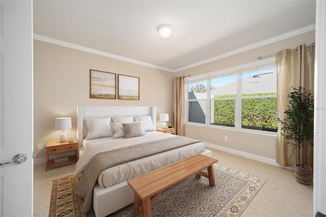 bedroom with light carpet, baseboards, and crown molding