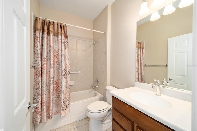 full bath featuring shower / bath combo with shower curtain, vanity, toilet, and tile patterned floors