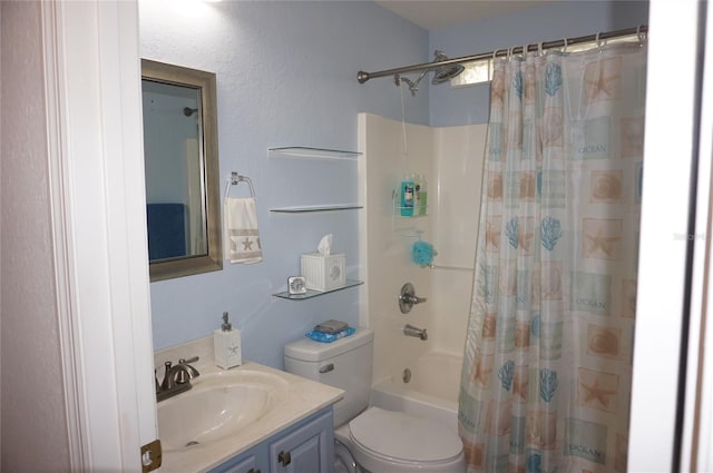 full bathroom with toilet, shower / bathtub combination with curtain, and vanity