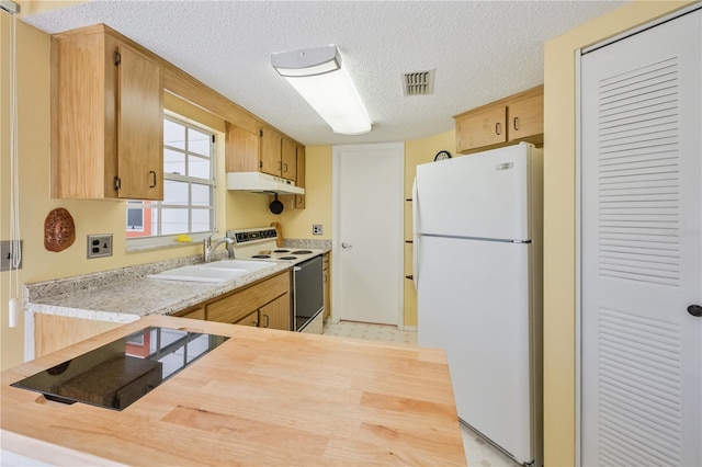 kitchen featuring sink, white appliances, a textured ceiling, and wooden counters