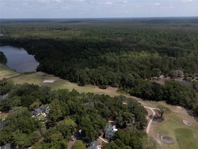 bird's eye view with golf course view, a wooded view, and a water view