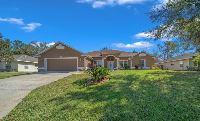 view of front of house featuring a garage, driveway, a front lawn, and stucco siding