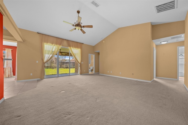 unfurnished living room featuring ceiling fan, visible vents, and light colored carpet