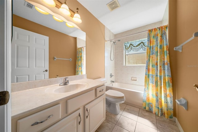 bathroom with toilet, visible vents, shower / tub combo with curtain, and tile patterned floors