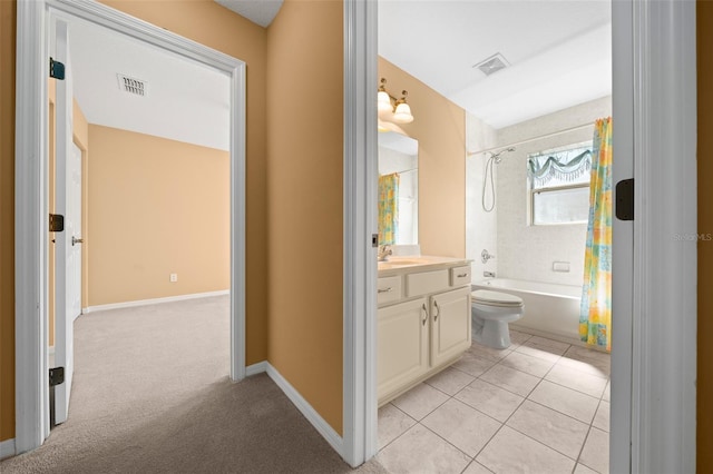 full bathroom with toilet, vanity, visible vents, tile patterned floors, and shower / bath combination with curtain