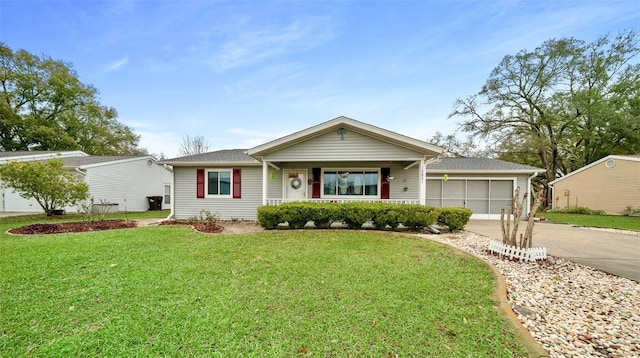 ranch-style house featuring a garage, concrete driveway, and a front yard