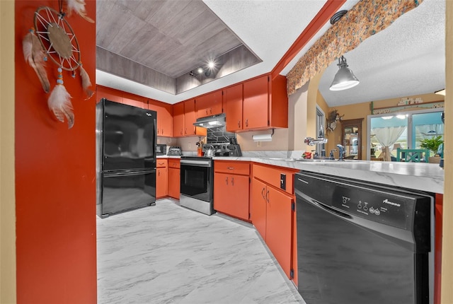 kitchen featuring a textured ceiling, under cabinet range hood, marble finish floor, light countertops, and black appliances