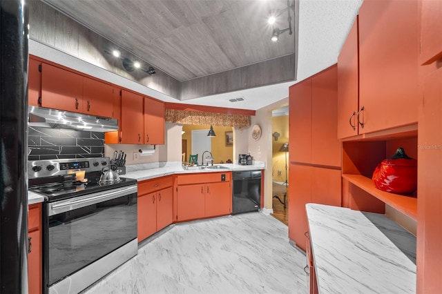 kitchen featuring light countertops, a sink, dishwasher, under cabinet range hood, and stainless steel electric range