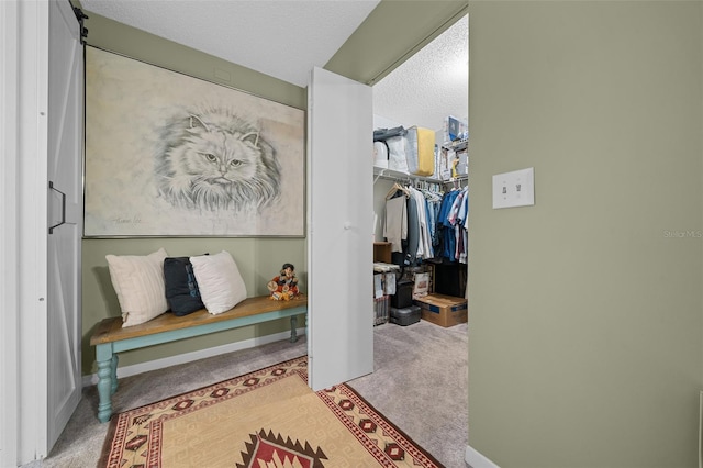 hallway with light carpet, a textured ceiling, and baseboards