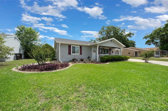 ranch-style home with a porch and a front lawn