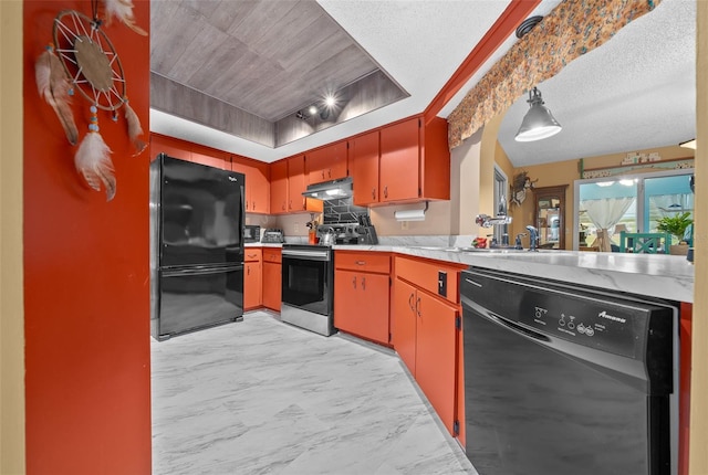 kitchen featuring a sink, black appliances, under cabinet range hood, light countertops, and marble finish floor