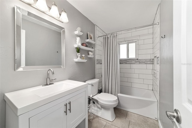 full bath with vanity, shower / bathtub combination with curtain, toilet, and tile patterned floors